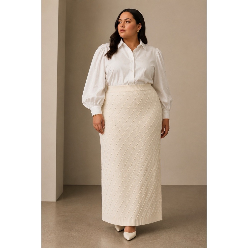 Eloquii Knit Midi Skirt Womens 22/24 Ivory Pearl Beaded Sweater Pencil Maxi